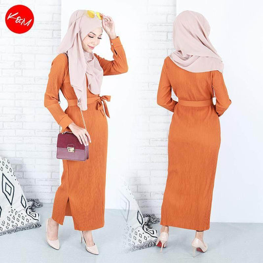 Women Mandarin Collar Long Sleeves Elastic Luxuriant Godet Muslimah Maxi Dress [D22116]