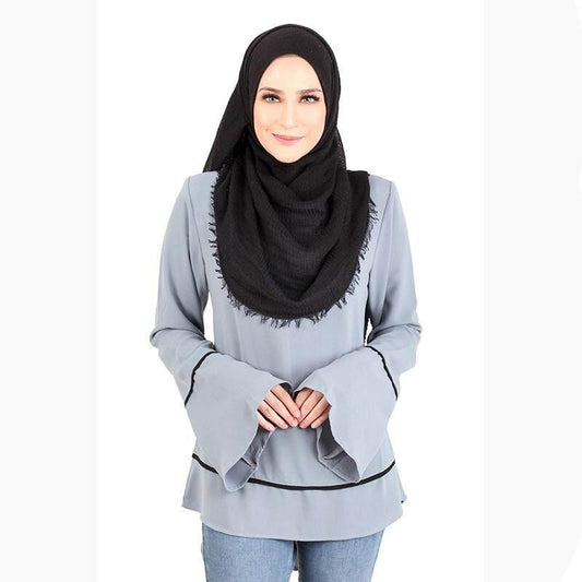 Women Solid Back Zip Muslimah Blouse Long Sleeves Top [M12321]